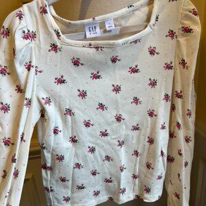GAP Kids Floral Ribbed Long Sleeve Top – Cream Rose Print – Size L (10) Cottagec